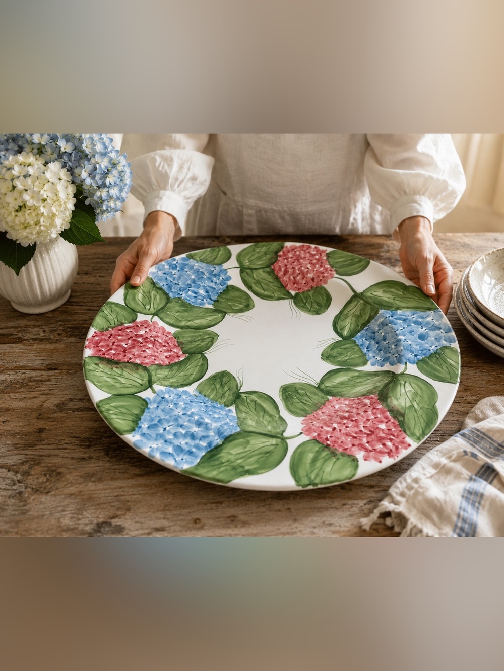 Vintage Italian Hydrangea Platter Large 18” Hand-Painted Ceramiche Serving Plate